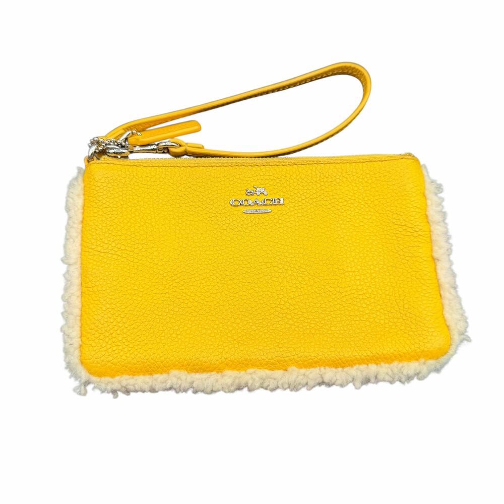 Coach Yellow Leather Shearling Trim Wristlet Pouch